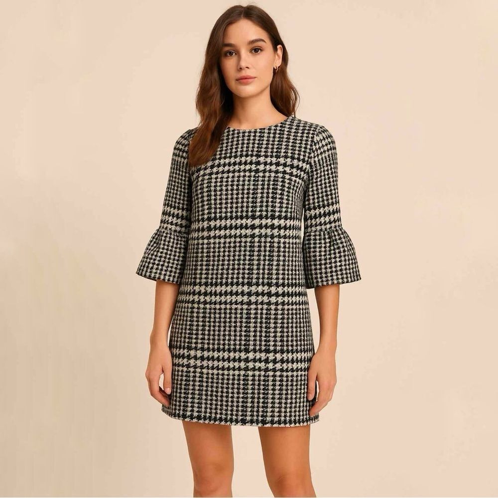Zara Houndstooth Check Bell Cuff Shift Mini Dress Black Cream Medium‎